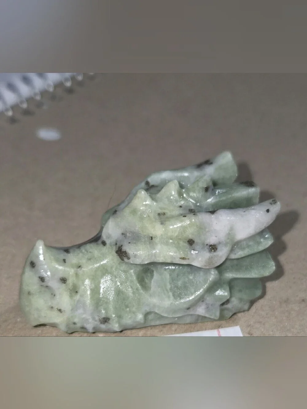 Detailed Kiwi Jasper Crystal Carved Dragon Head Stone Sculpture Decor
